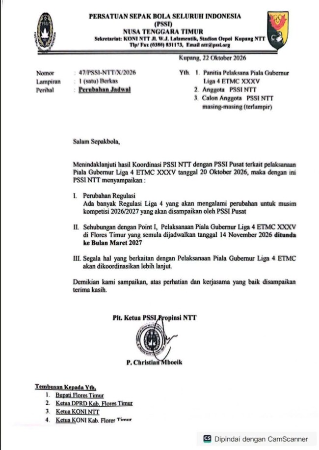 Surat resmi dari PSSI NTT